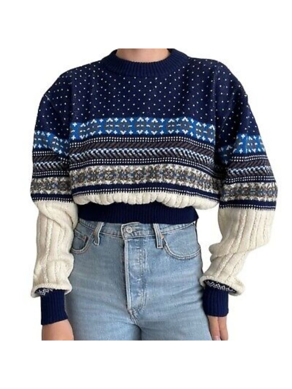 Vintage 90s Womens Rob Winter Brown Fair Isle Winter Nordic Cropped Sweater